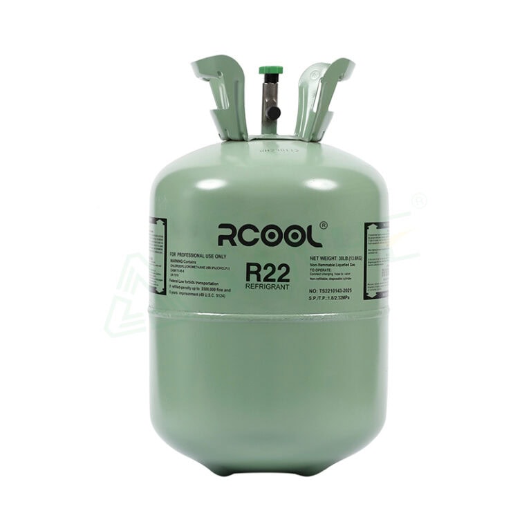 Green R22 refrigerant gas cylinder with safety valves and labels for HVAC systems, used in refrigeration and air conditioning.